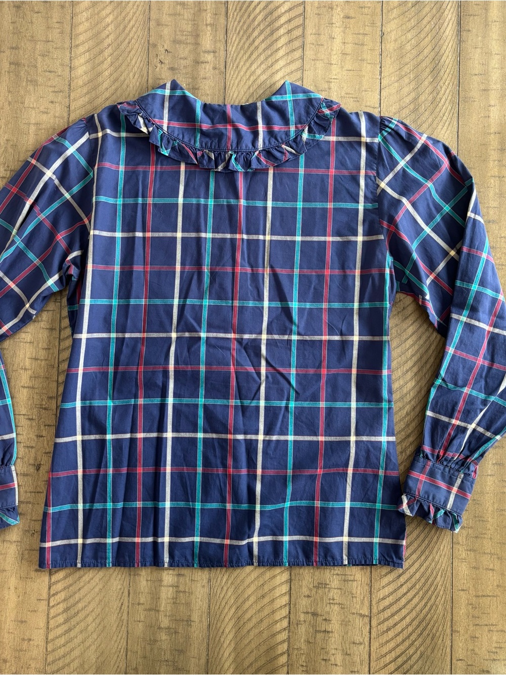 Talbots Navy Plaid Ruffle-Collar Button-Down Top - Picture 7 of 8